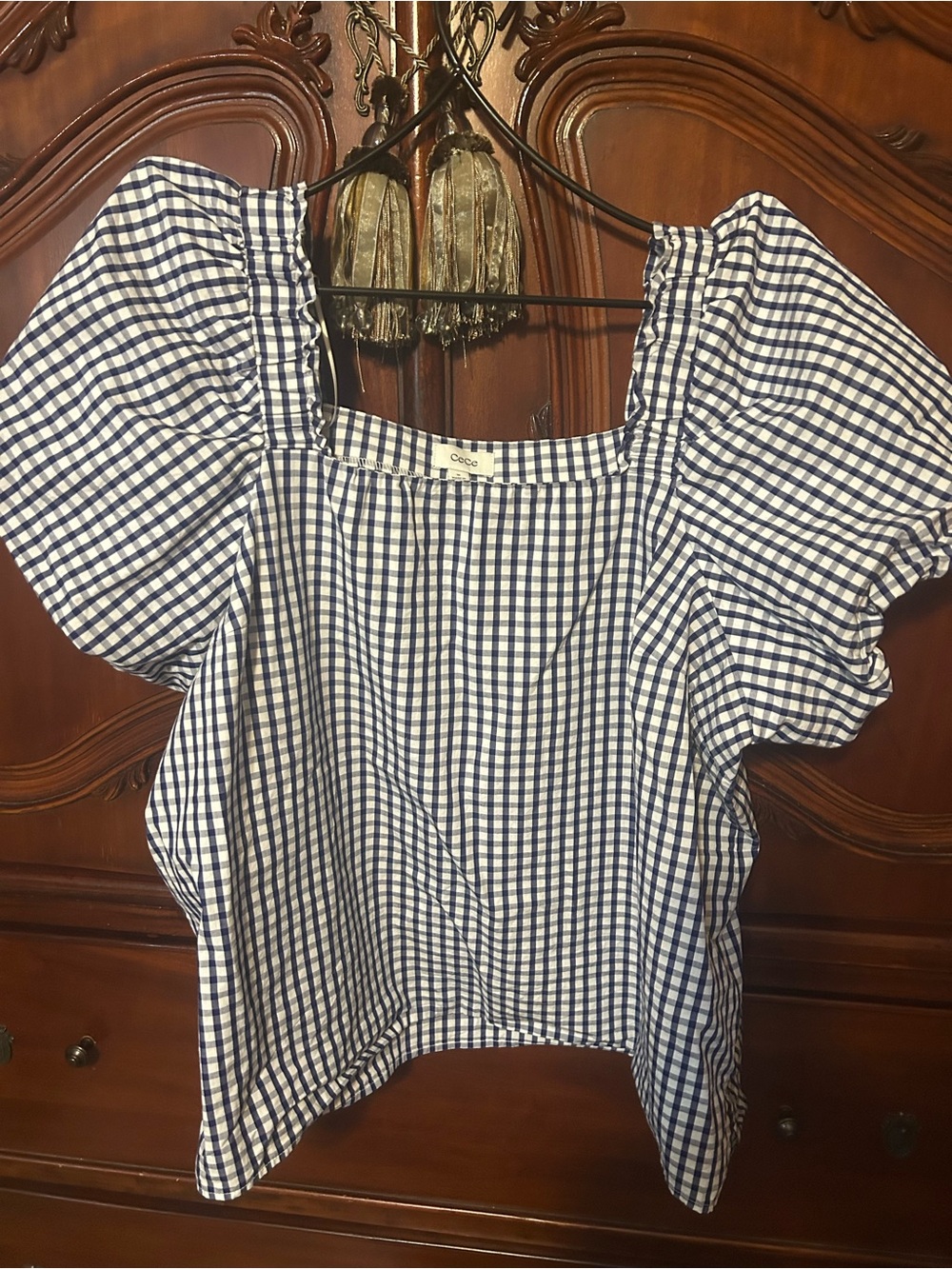 CeCe Navy & White Gingham Puff-Sleeve Square Neck Top